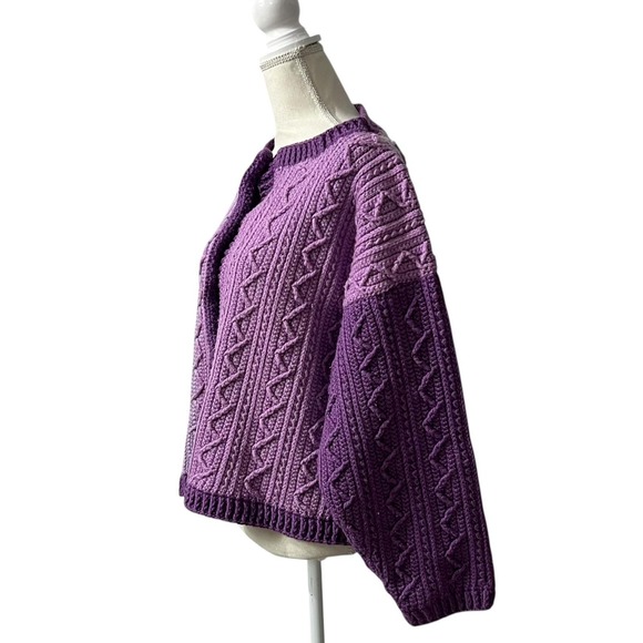 Vintage Handmade Purple Cable Knit Cardigan Sweater Wooden Buttons Large - Picture 3 of 7